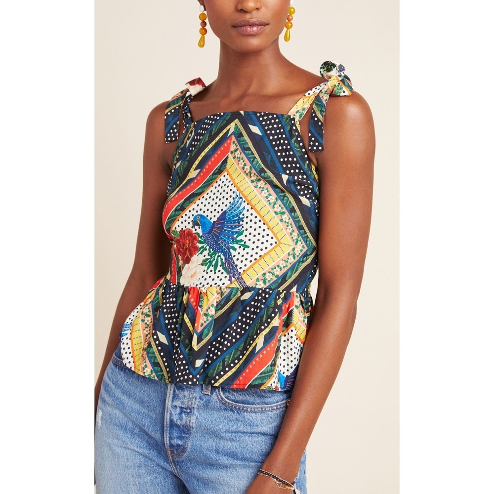 SOLD x Anthropologie Carmen Peplum Parrot Print Tie-Shoulder Blouse Top XL - Picture 1 of 15